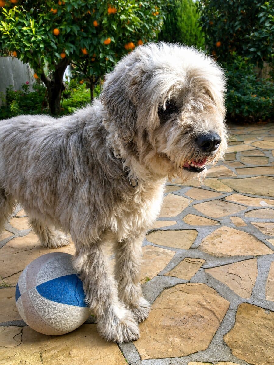 Zen, il Bobtail nuvola di pelo, in giardino con un pallone